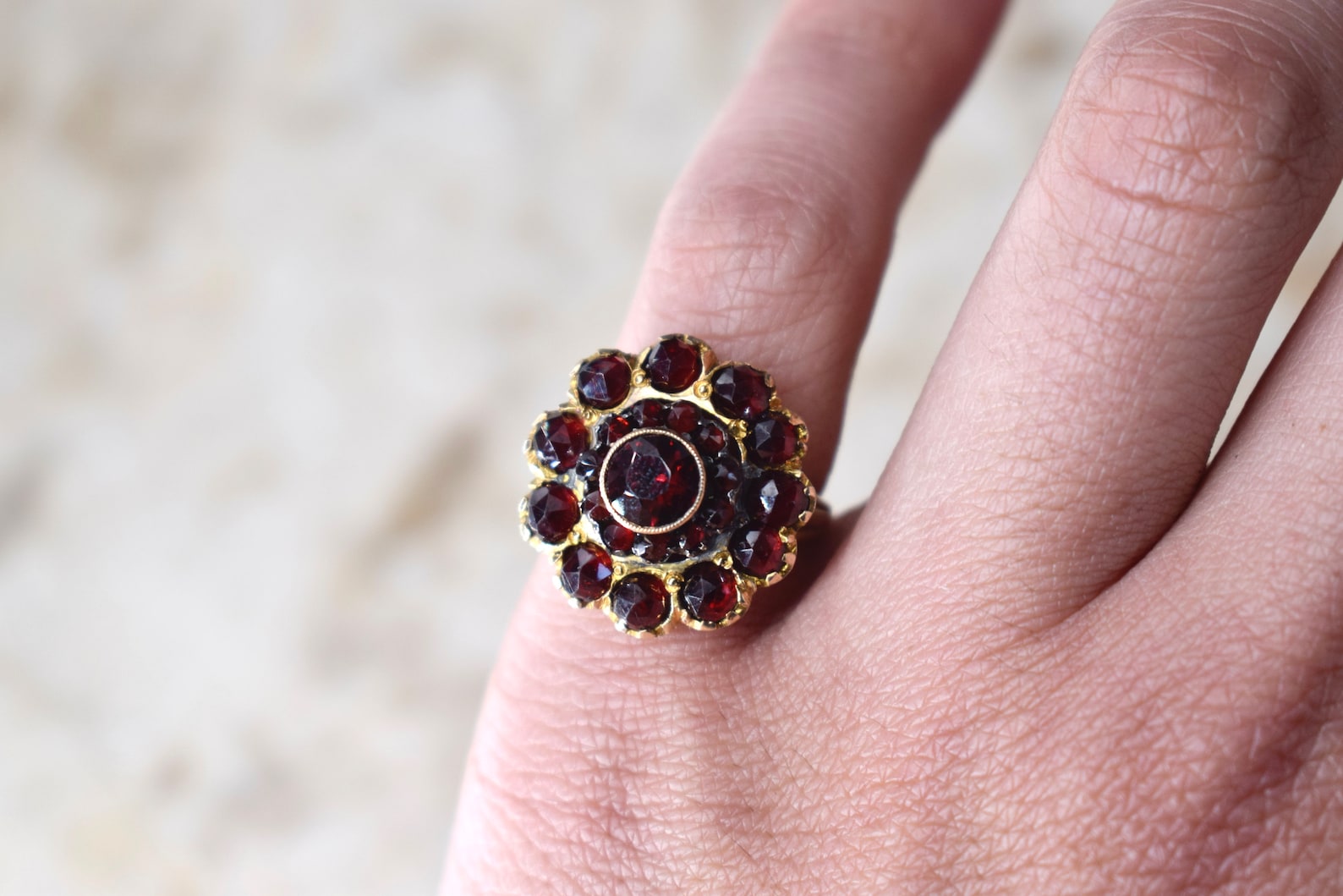 Antique Victorian 12k Gold Garnet Cluster Ring