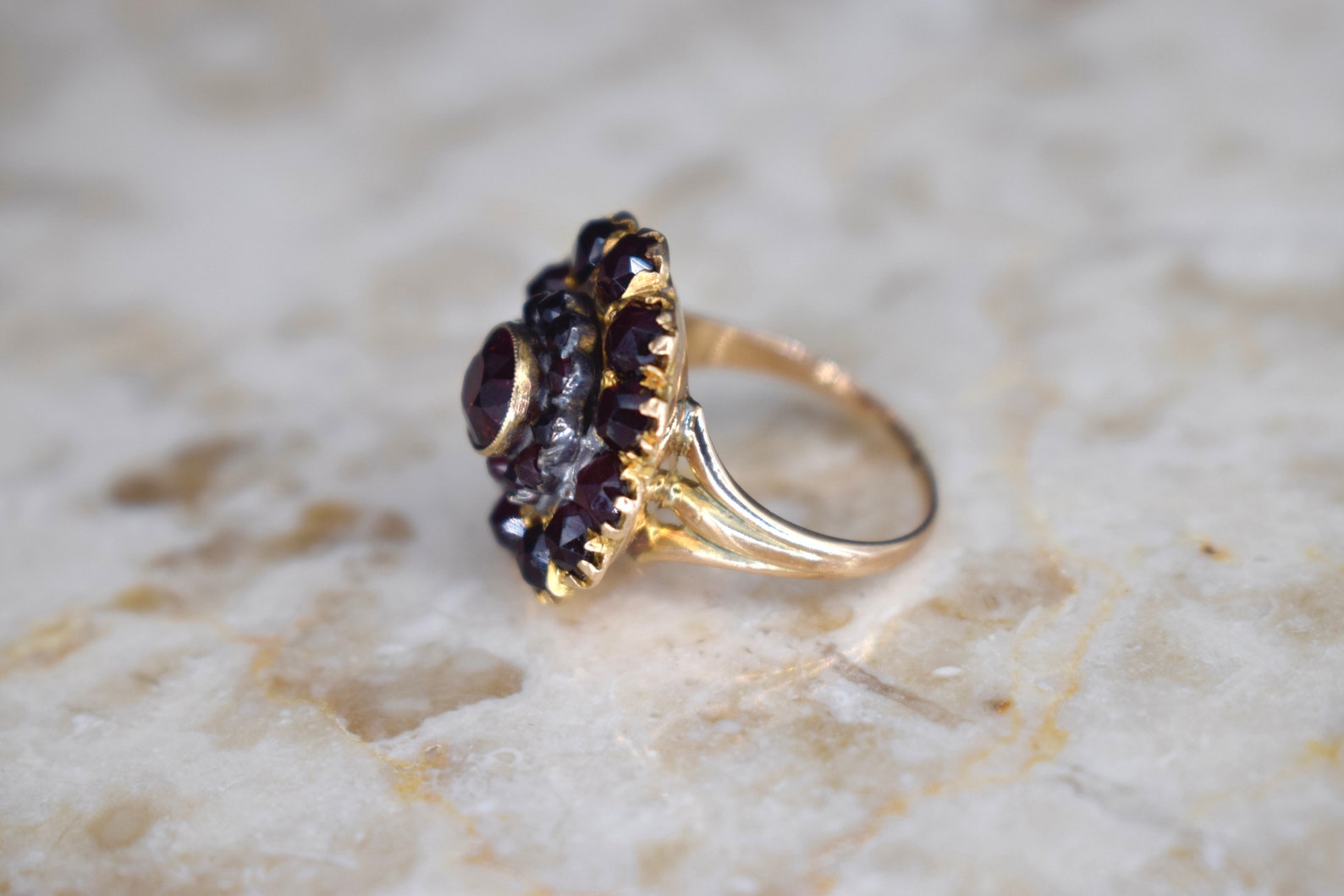 Antique Victorian 12k Gold Garnet Cluster Ring