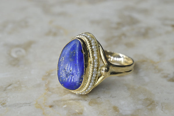 Vintage 14k Gold Lapis Lazuli Ring with Seed Pearls