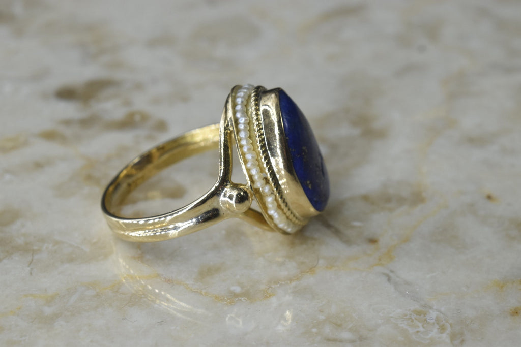 Vintage 14k Gold Lapis Lazuli Ring with Seed Pearls