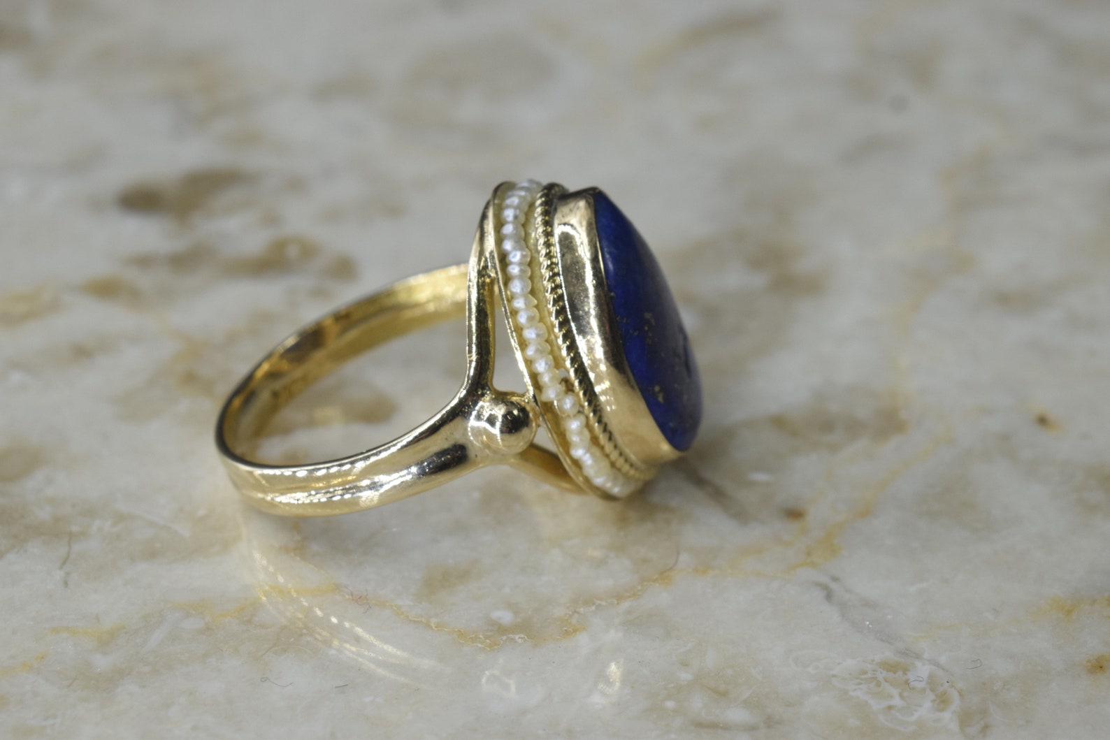 Vintage 14k Gold Lapis Lazuli Ring with Seed Pearls