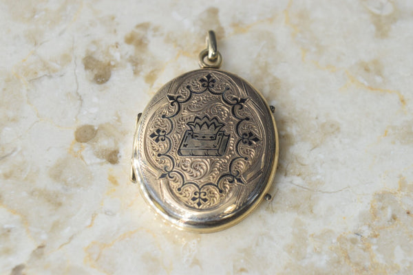 Antique Victorian 14k Gold Locket with Enamel Crown on Book
