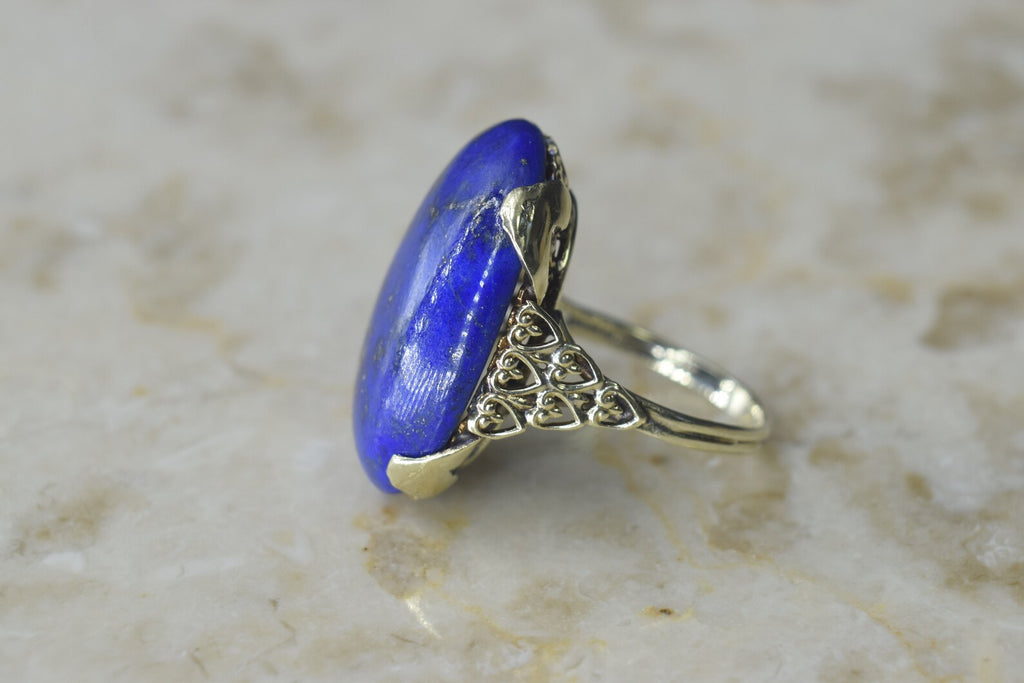 Vintage Big Lapis Lazuli Ring with 14k Gold Heart Setting