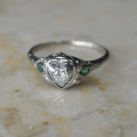 Antique Art Deco 18k White Gold Heart Diamond Ring