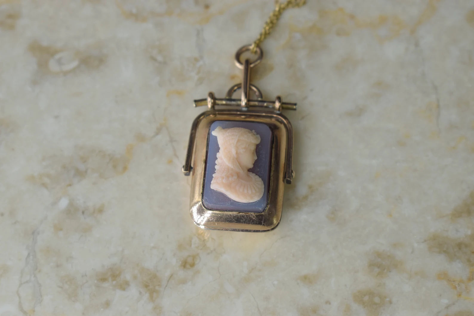 Antique Victorian Egyptian Revival Cleopatra Locket with Moss Agate Gold Filled