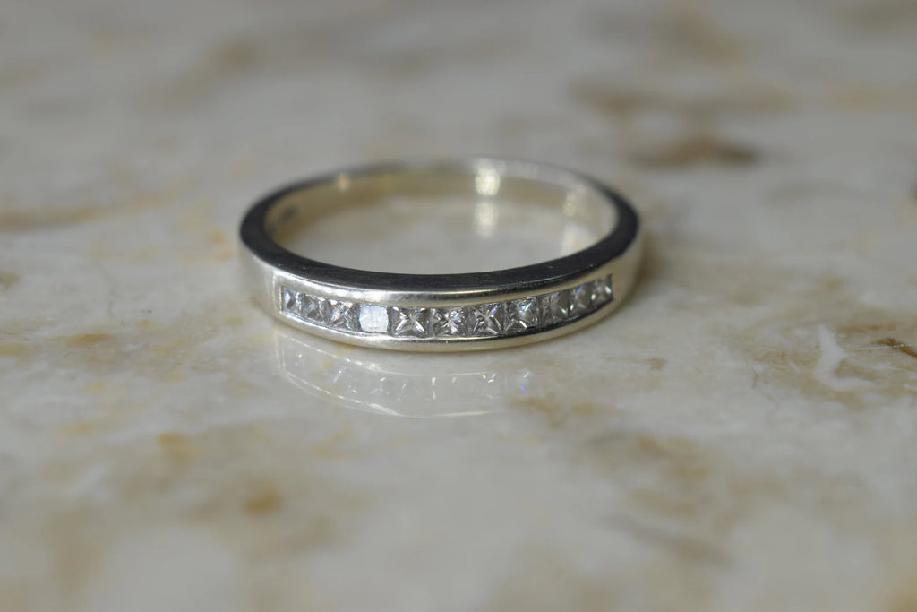 Vintage 14k White Gold Band with Princess Cut Diamonds c.1990s