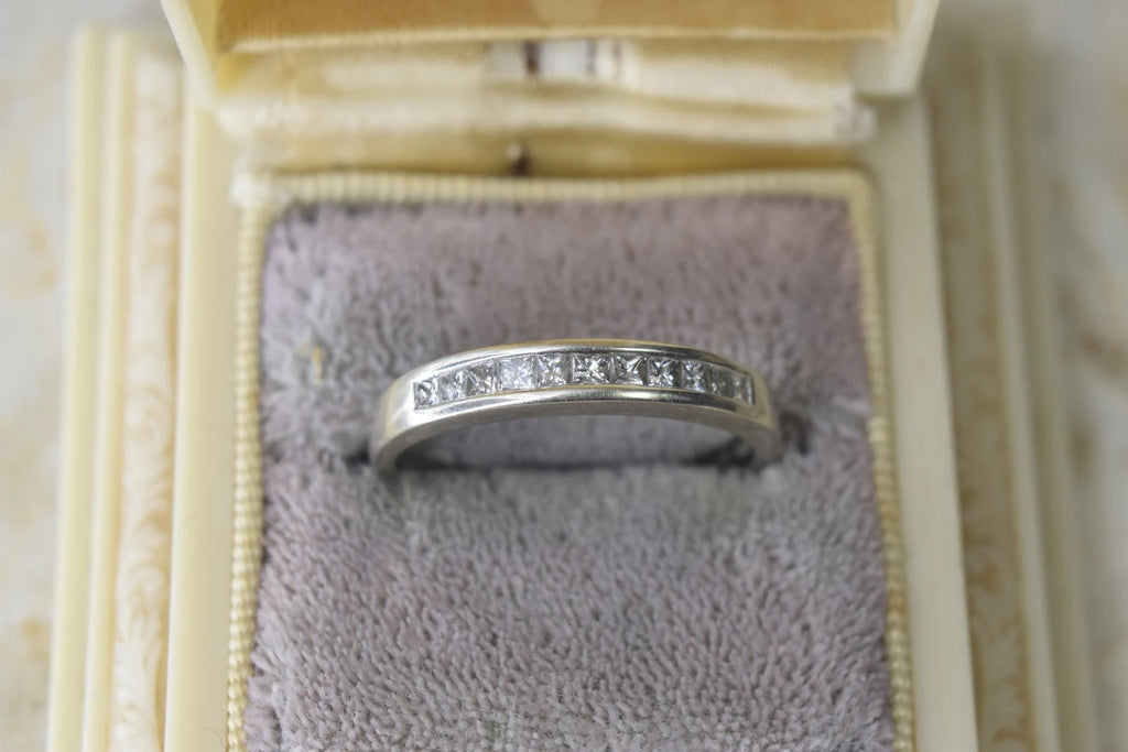 Vintage 14k White Gold Band with Princess Cut Diamonds c.1990s