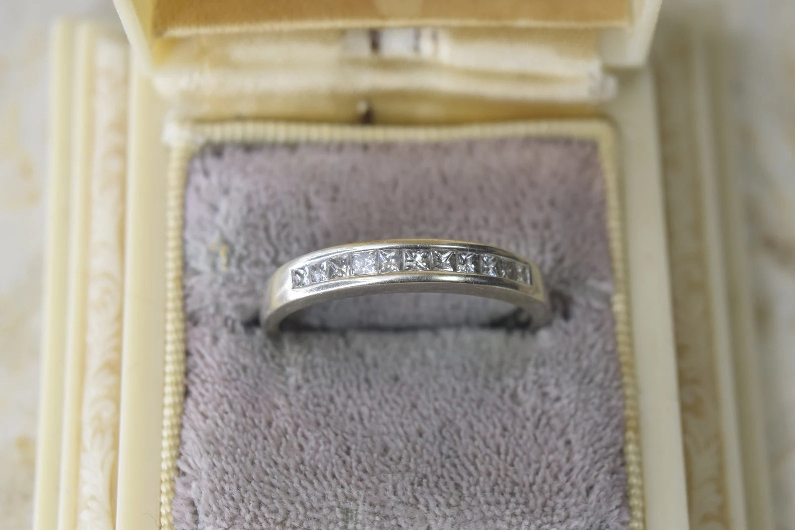 Vintage 14k White Gold Band with Princess Cut Diamonds c.1990s