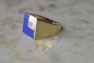 Vintage 14k Gold Lapis Lazuli and Diamond L Monogram Signet Ring