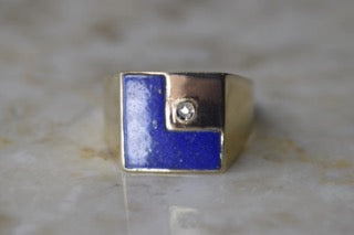 Vintage 14k Gold Lapis Lazuli and Diamond L Monogram Signet Ring