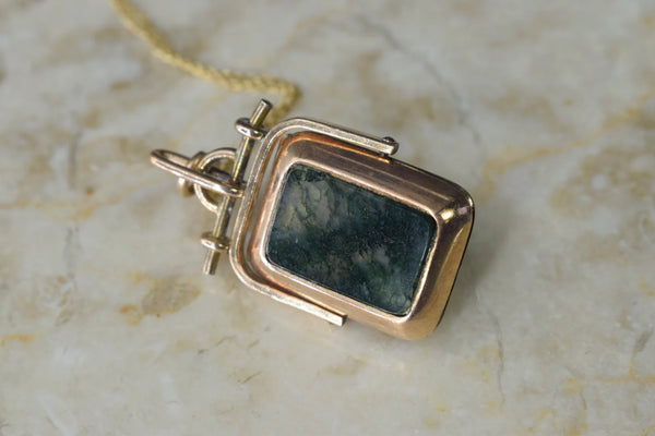 Antique Victorian Egyptian Revival Cleopatra Locket with Moss Agate Gold Filled