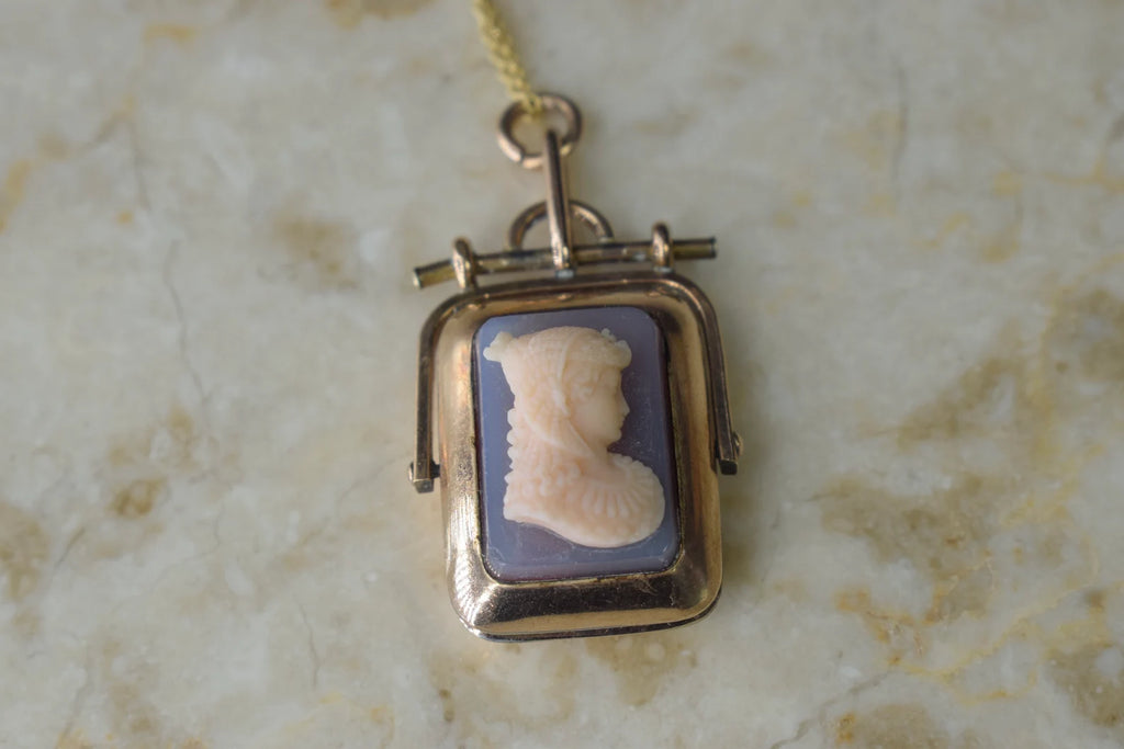 Antique Victorian Egyptian Revival Cleopatra Locket with Moss Agate Gold Filled