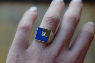 Vintage 14k Gold Lapis Lazuli and Diamond L Monogram Signet Ring