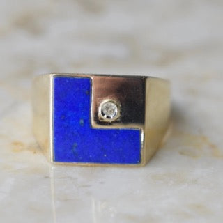 Vintage 14k Gold Lapis Lazuli and Diamond L Monogram Signet Ring