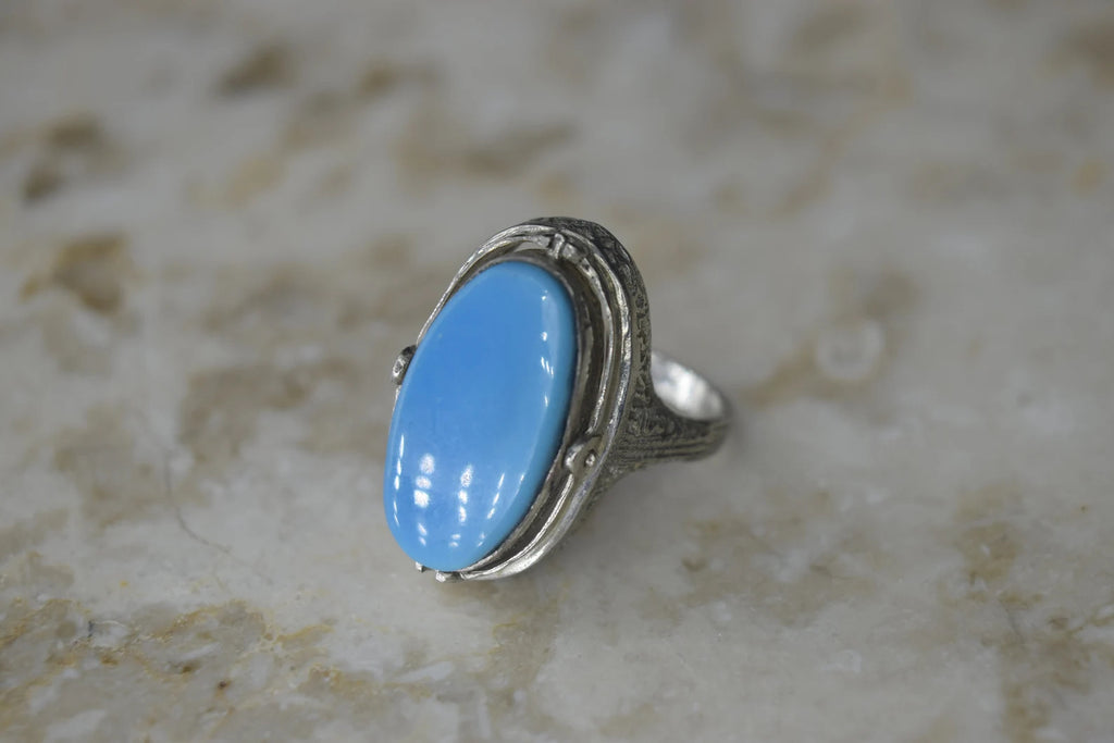 Antique Art Deco 14k White Gold Coral and Turquoise Flip Ring