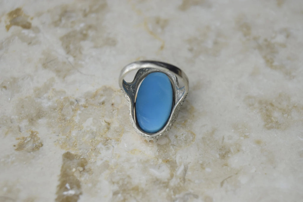 Antique Art Deco 14k White Gold Coral and Turquoise Flip Ring