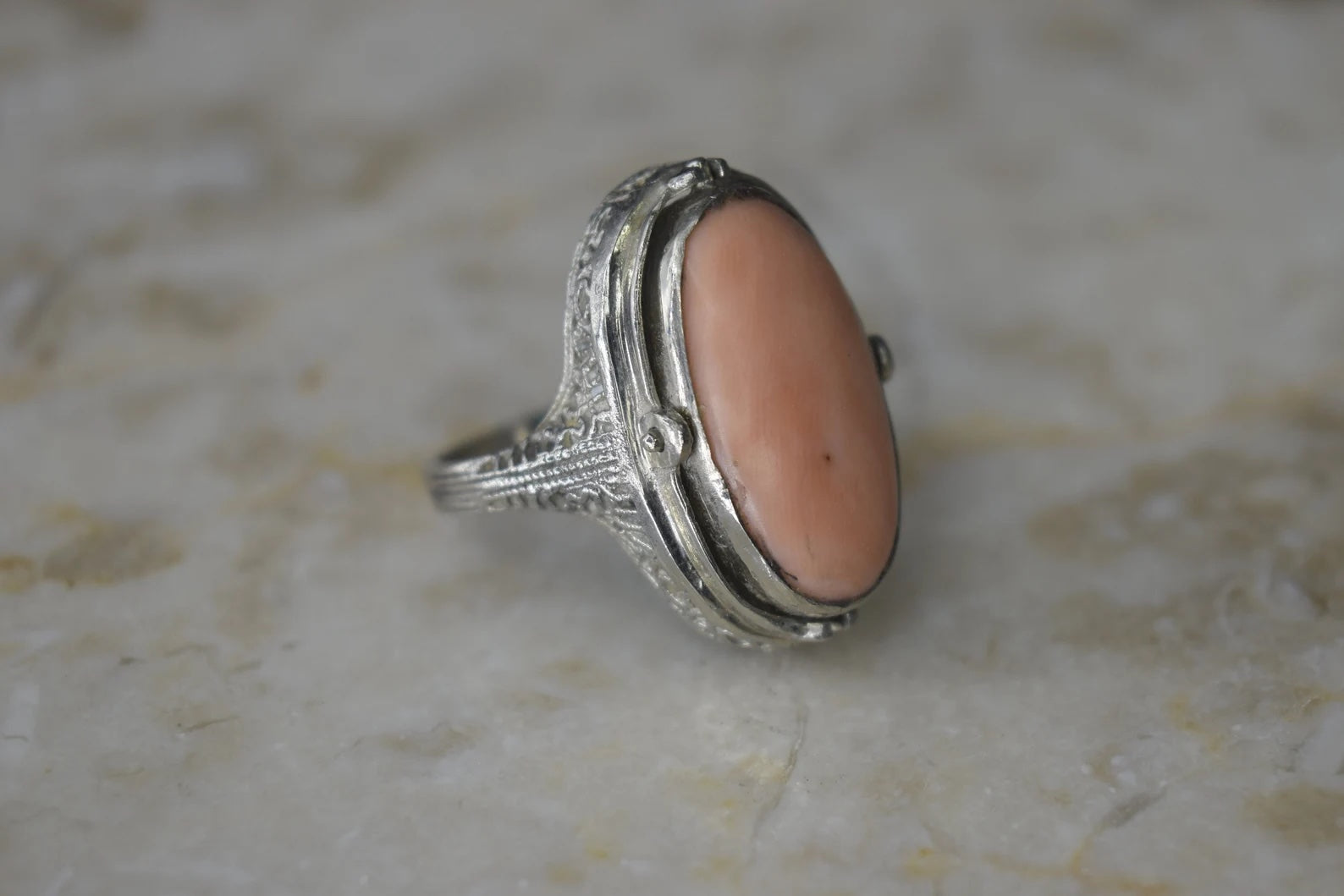 Antique Art Deco 14k White Gold Coral and Turquoise Flip Ring