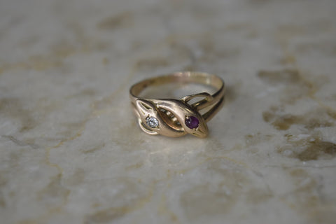 On Hold- Antique Victorian 14k Double Snake Ring with Ruby and Diamond