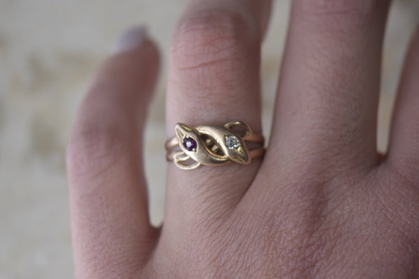 On Hold- Antique Victorian 14k Double Snake Ring with Ruby and Diamond