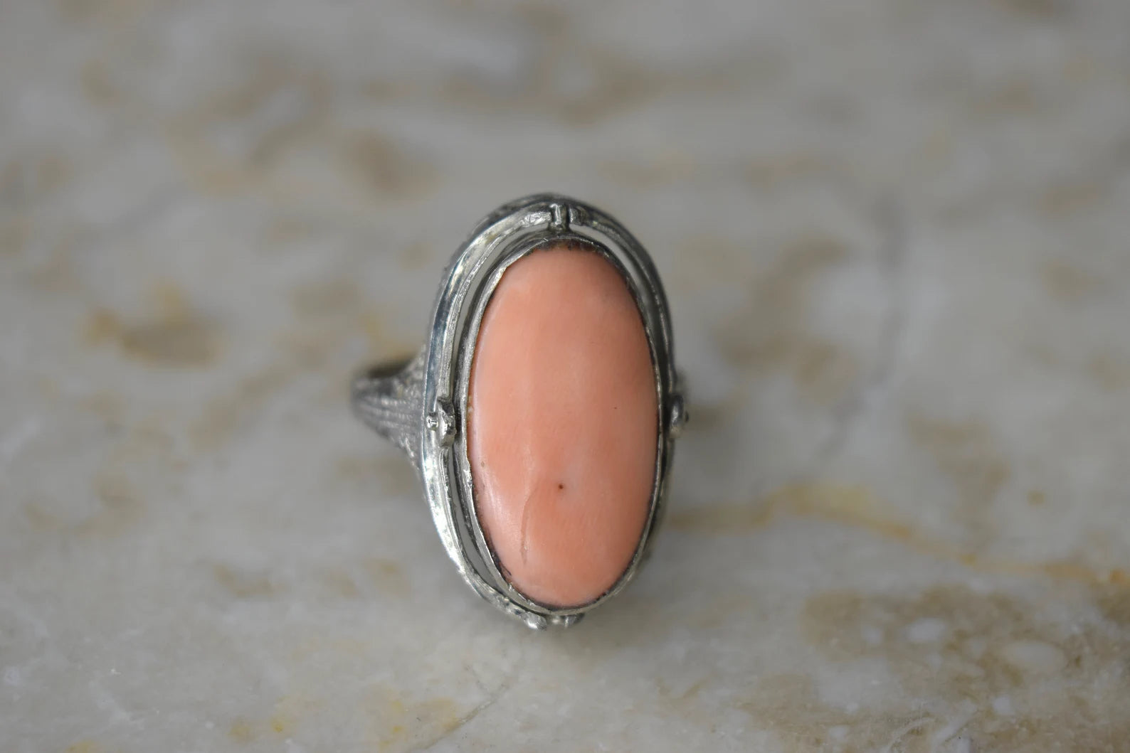 Antique Art Deco 14k White Gold Coral and Turquoise Flip Ring
