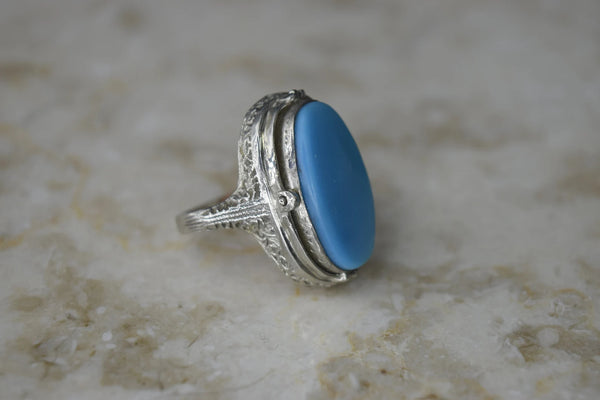 Antique Art Deco 14k White Gold Coral and Turquoise Flip Ring