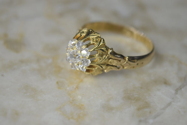 Antique Victorian 14k Gold Old Mine Cut Diamond Cluster Ring c.1880s
