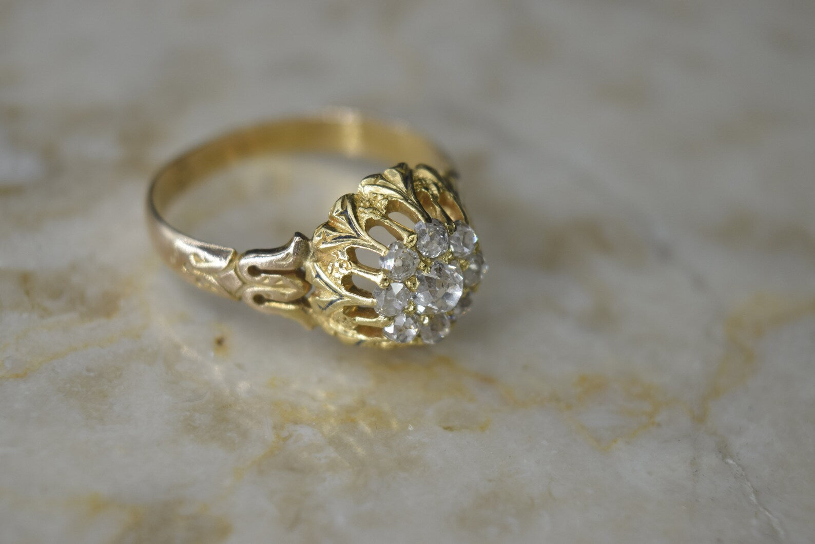 Antique Victorian 14k Gold Old Mine Cut Diamond Cluster Ring c.1880s