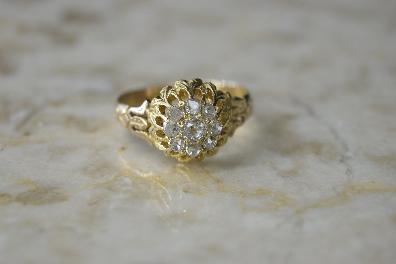 Antique Victorian 14k Gold Old Mine Cut Diamond Cluster Ring c.1880s
