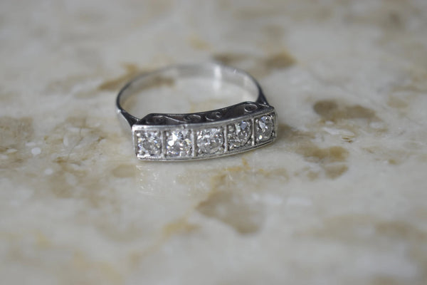 Antique Edwardian 18k White Gold Old Mine Cut Diamond Five Stone Band Ring