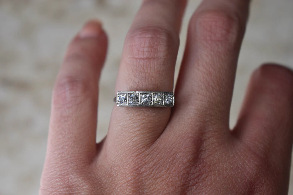 Antique Edwardian 18k White Gold Five Stone Band Ring