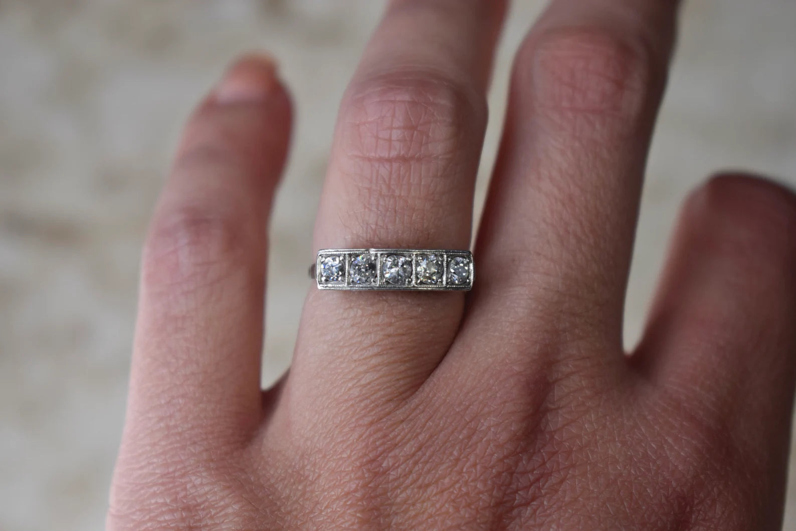 Antique Edwardian 18k White Gold Five Stone Band Ring