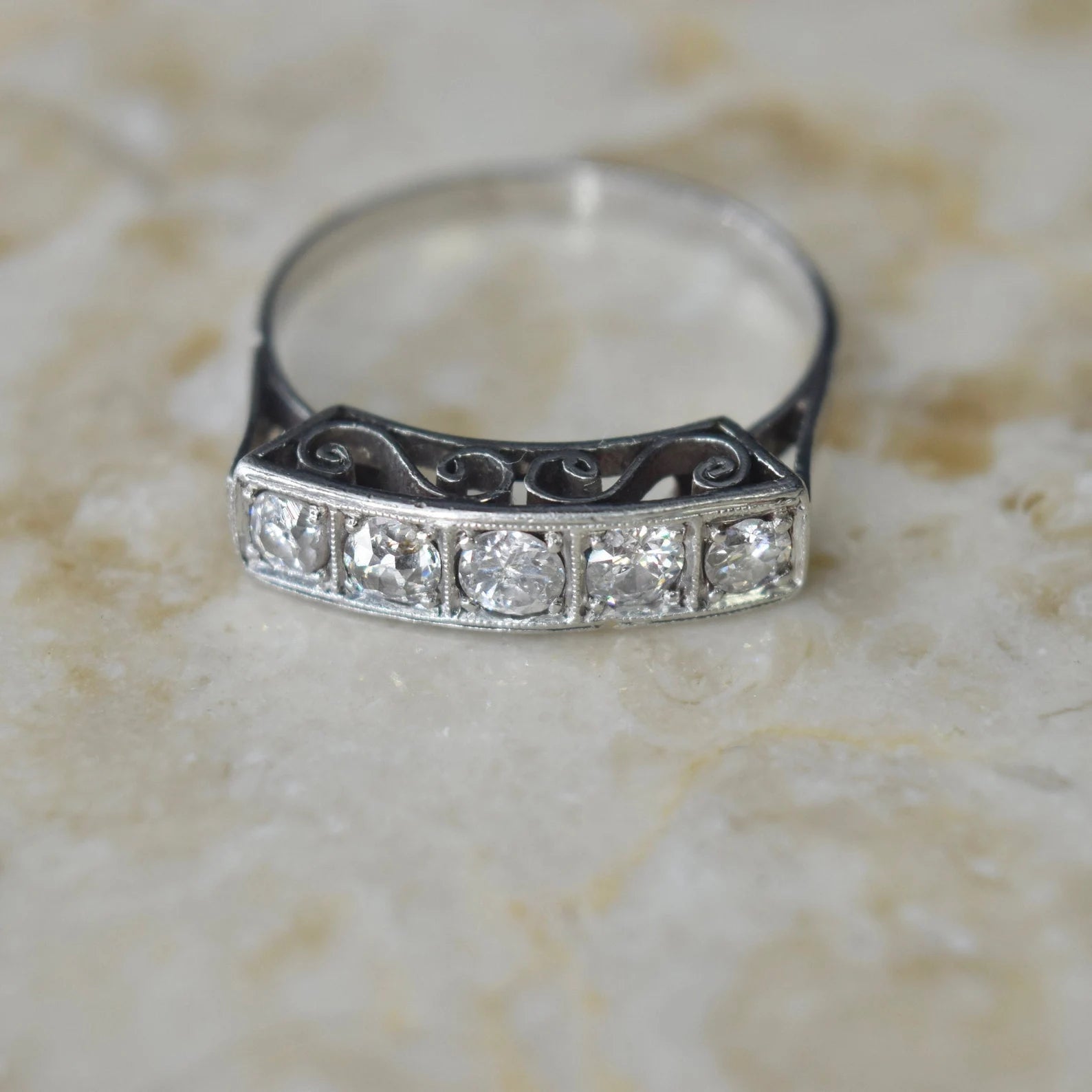 Antique Edwardian 18k White Gold Old Mine Cut Diamond Five Stone Band Ring