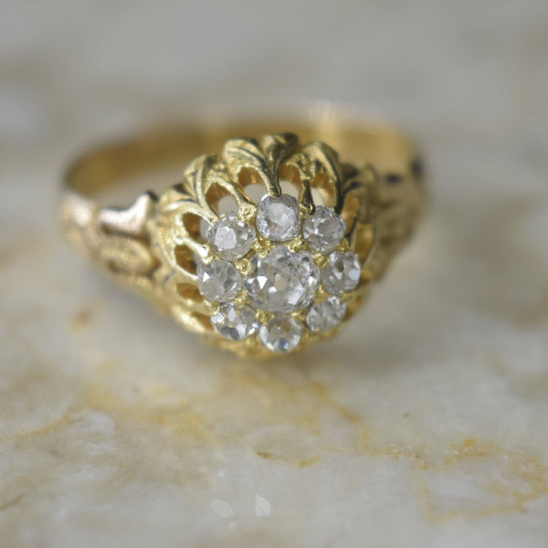 Antique Victorian 14k Gold Old Mine Cut Diamond Cluster Ring c.1880s