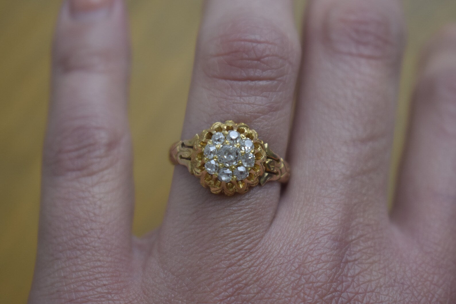 Antique Victorian 14k Gold Old Mine Cut Diamond Cluster Ring c.1880s