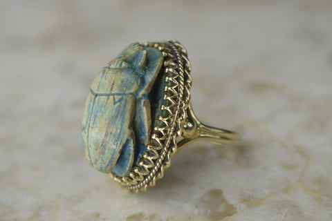 Vintage 14k Gold Large Faience Scarab Ring c.1970s