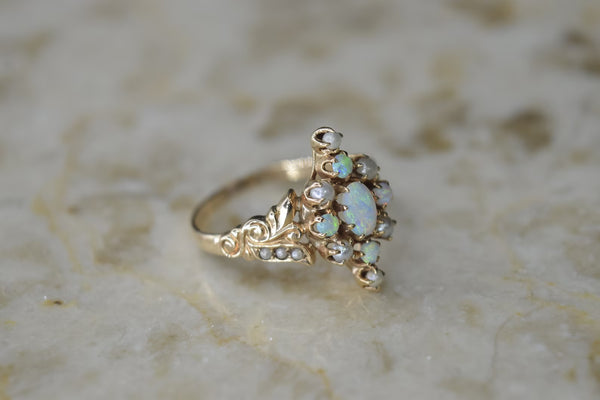 Antique Victorian 14k Gold Ring with Opals and Seed Pearls
