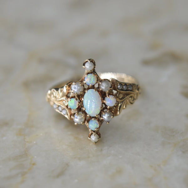 Antique Victorian 14k Gold Ring with Opals and Seed Pearls