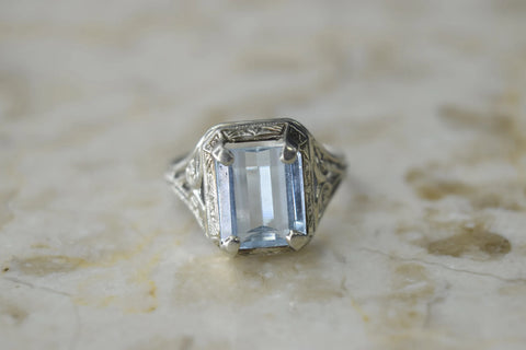 Vintage Art Deco Style 14k White Gold Filigree Aquamarine Ring