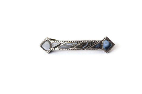 Antique Victorian Sterling Silver Bar Brooch With Agate Stone c.1880s