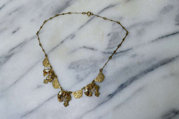 SALE- Antique Necklace With Clovers and Faux Pearl c.1910
