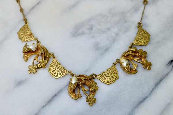 SALE- Antique Necklace With Clovers and Faux Pearl c.1910