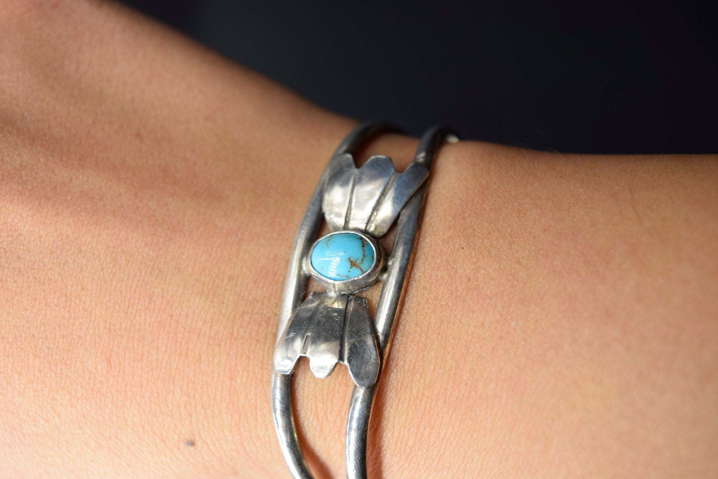 Vintage Sterling Silver Cuff Bracelet With Turquoise