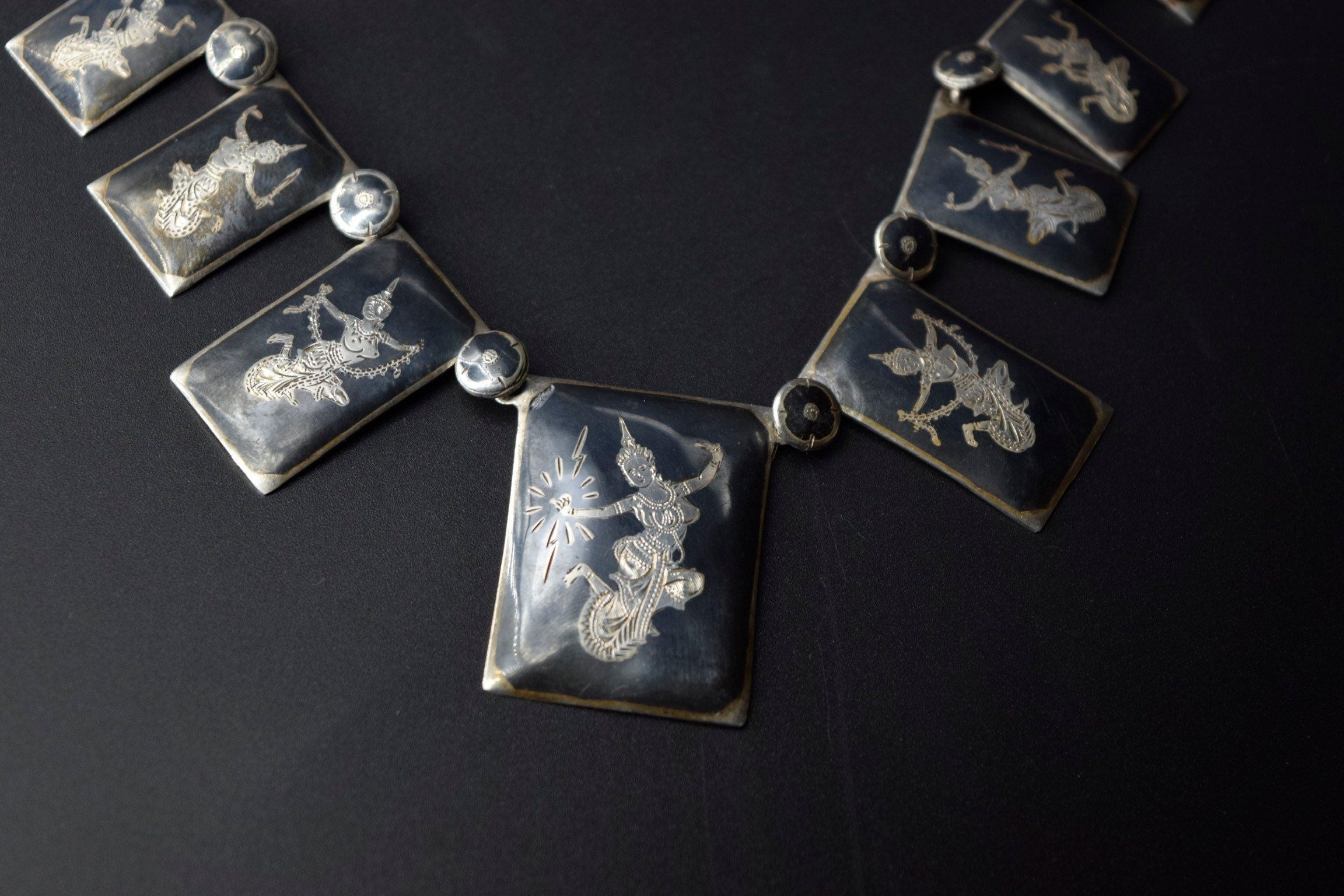 Vintage Siamese Niello Enamel Bib Style Necklace