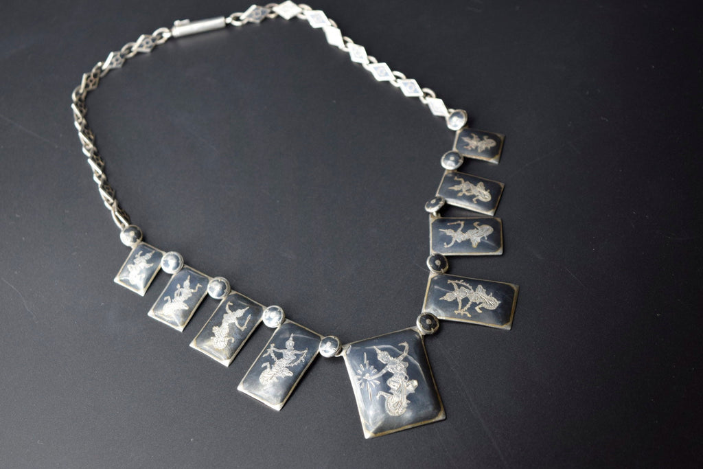 Vintage Siamese Niello Enamel Bib Style Necklace