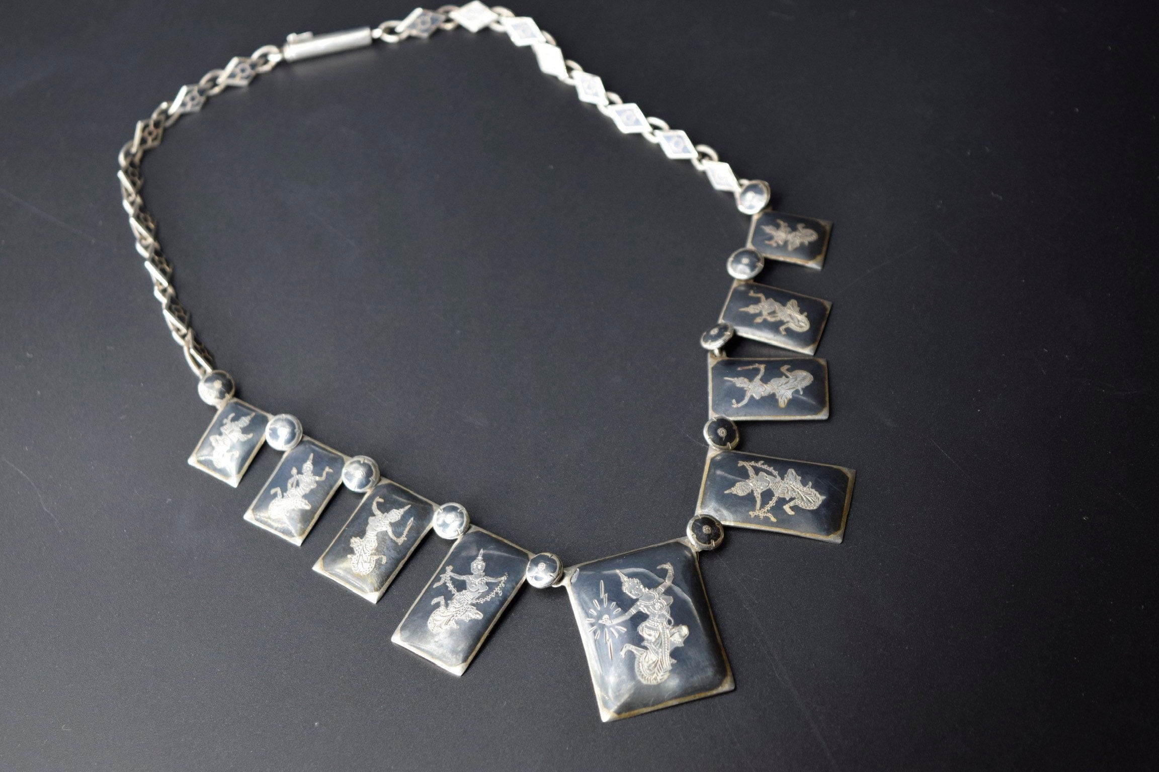 Vintage Siamese Niello Enamel Bib Style Necklace