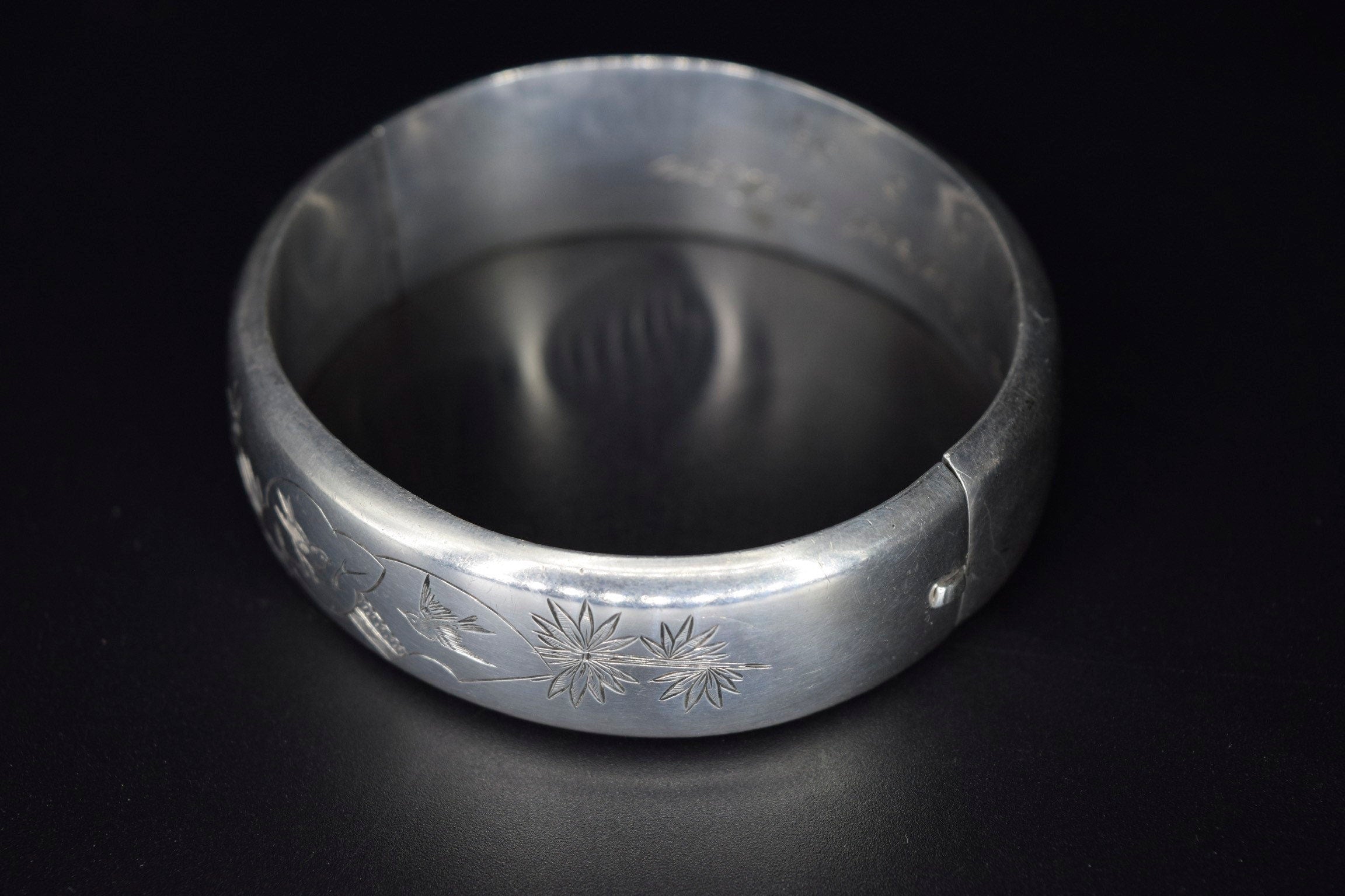 Antique Victorian Aesthetic Era Sterling Silver Bangle Bracelet with Swallow Birds