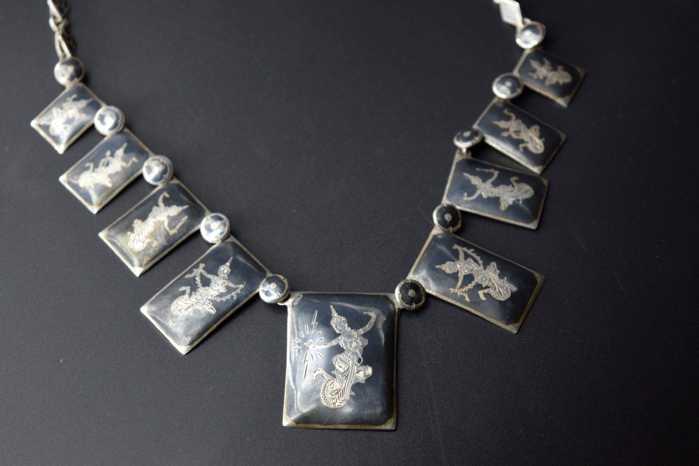 Vintage Siamese Niello Enamel Bib Style Necklace