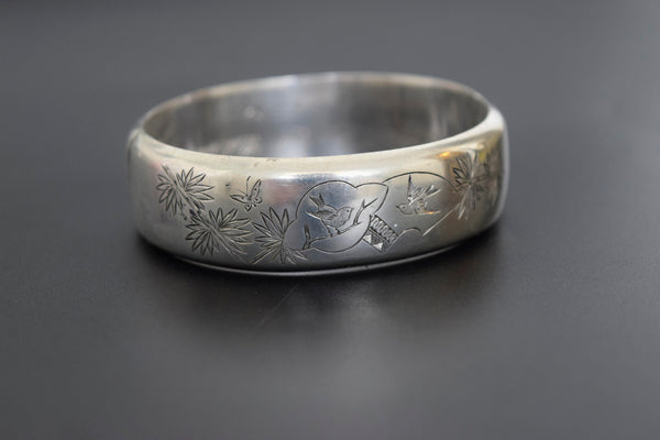 Antique Victorian Aesthetic Era Sterling Silver Bangle Bracelet with Swallow Birds