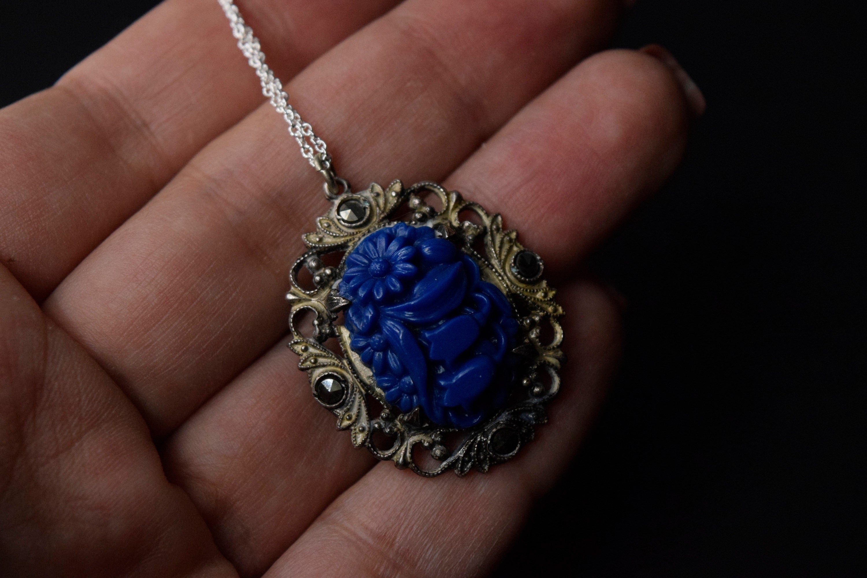 Antique Charm with Blue Celluloid Flowers