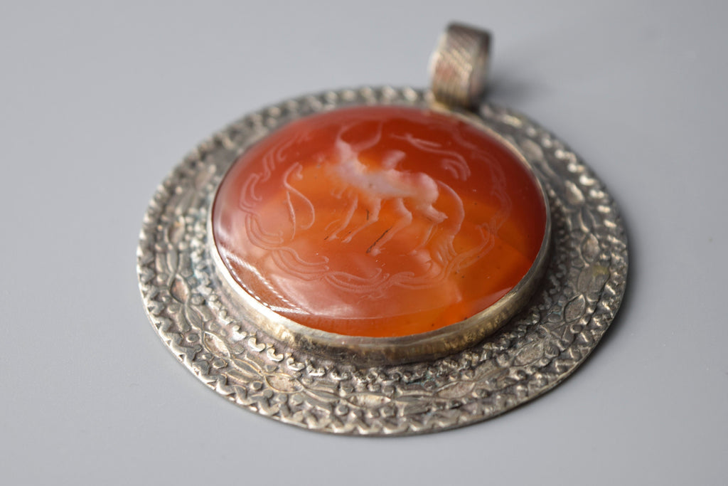 Antique Afghan Carnelian Intaglio in Silver Pendant